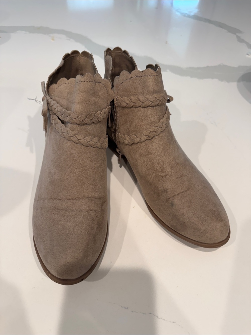 SO Taupe Scalloped Braided Ankle Booties